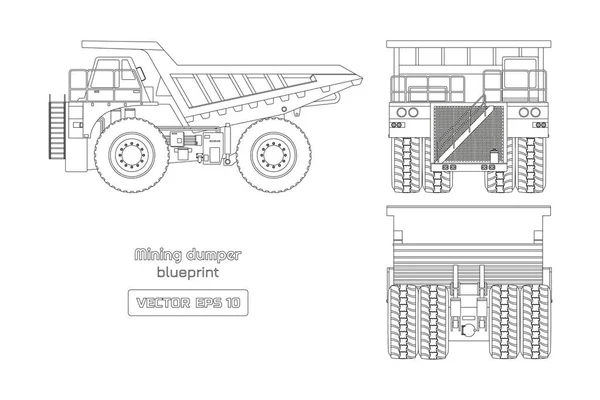 白い背景の上のマイニング ダンプの青写真。サイド、バック、フロント ビュー。概要大型トラック イメージ。貨物車の工業設計図。ディーゼル自動車の青写真 — ストックベクタ