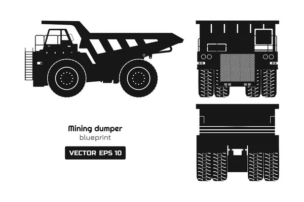 白色背景上的采矿自卸车剪影。背面、侧面和正面视图。重型卡车形象。工业3d 绘图 — 图库矢量图片