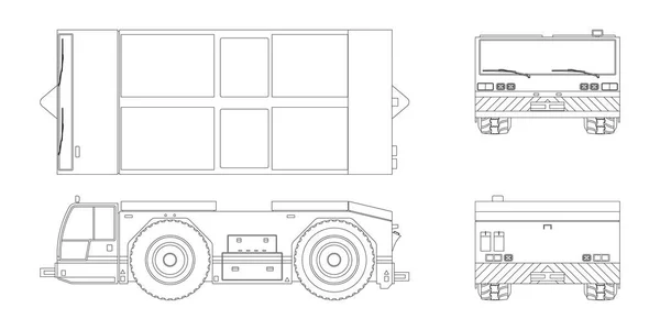 飛行機は、アウトラインのスタイルの車両を牽引します。フロント、サイド、トップ、バックを表示します。修理と航空機のメンテナンス。飛行場の輸送。工業設計図 — ストックベクタ