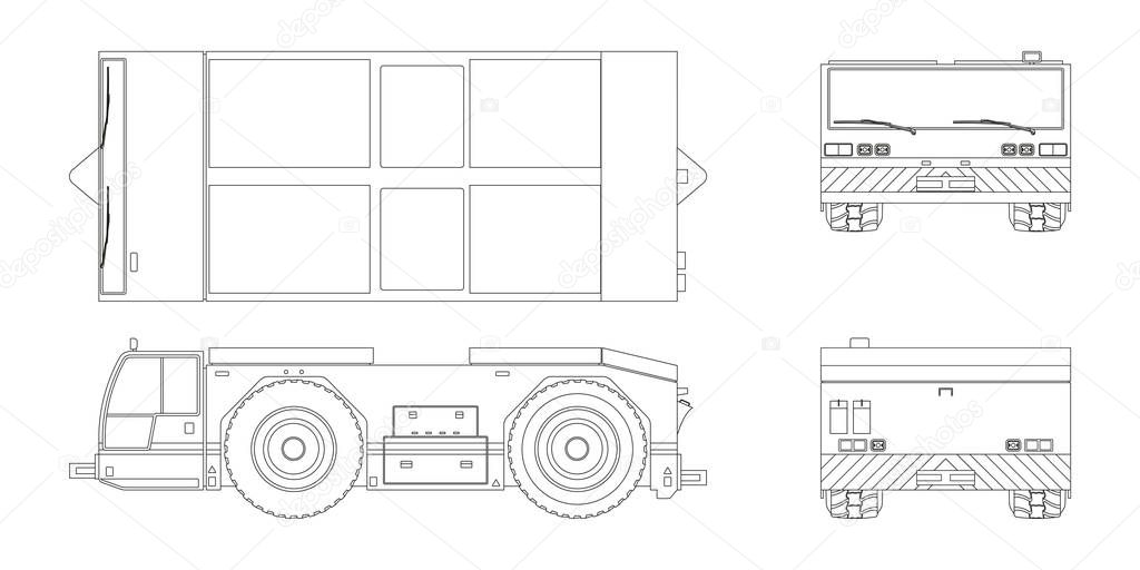 Airplane towing vehicle in outline style. Front, side, top and back view. Repair and maintenance of aircraft. Airfield transport. Industrial blueprint