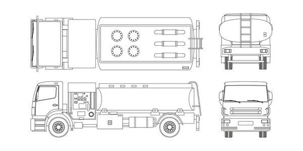 アウトライン スタイルの空気燃料トラック フロント サイド トップ バックを表示します 航空機のメンテナンス 飛行場の輸送 飛行機のタンカー 産業の青写真 — ストックベクタ