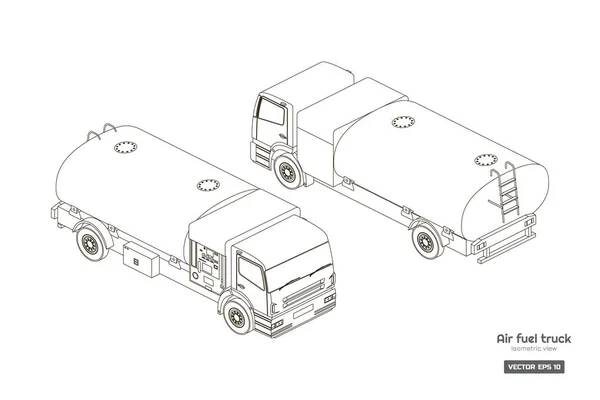 Camión de combustible de aire en estilo isométrico. Dibujo de esquema industrial. Mantenimiento de aeronaves. Transporte de aeródromo. Petrolero para avión — Archivo Imágenes Vectoriales