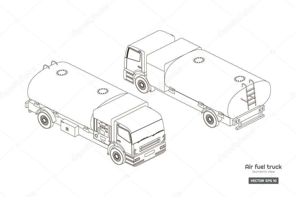 Air fuel truck in isometric style. Industrial outline drawing. Maintenance of aircraft. Airfield transport. Tanker for airplane
