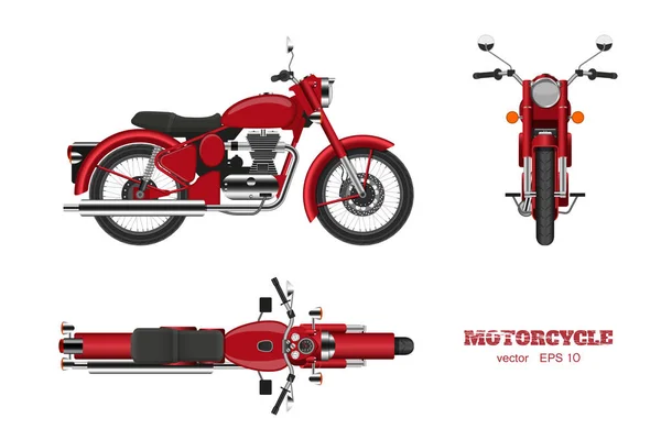 Retro motocicleta clássica em estilo realista. Vista lateral, superior e frontal 3d. Imagem detalhada da motocicleta vermelha vintage no fundo branco — Vetor de Stock
