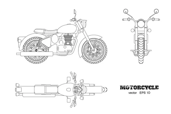 Motor Retro klasik dalam gaya outline. Sisi, atas dan depan tampilan. Gambar sepeda motor vintage pada latar belakang putih Stok Vektor Bebas Royalti
