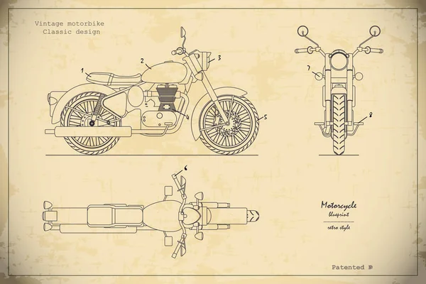 Blueprint of retro classic motorcycle in outline style. Side, top and front view. Industrial drawing of vintage motorbike — Stock Vector