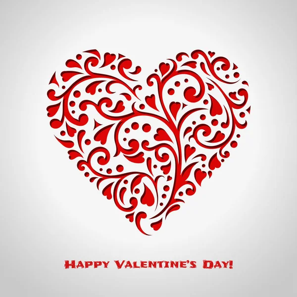 Ημέρα του Αγίου Βαλεντίνου κάρτα με κόκκινη καρδιά περίτεχνα. Ρομαντική αγάπη πανό. 14 Φεβρουαρίου. 3D χαιρετισμό αφίσα — Διανυσματικό Αρχείο