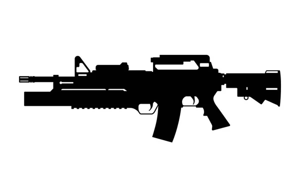 Zwarte silhouet van machine gun met granaatwerper op witte achtergrond. Automatische wapen van VS-leger. Militaire Amerikaanse munitie. Geïsoleerde afbeelding — Stockvector