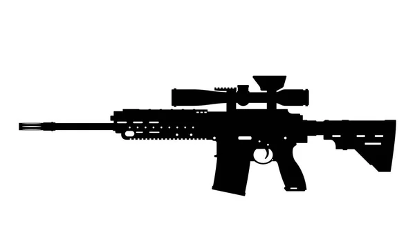 Silhueta preta de metralhadora com lança-granadas sobre fundo branco. Arma automática do exército dos EUA. Munições militares americanas. Imagem isolada da arma — Vetor de Stock