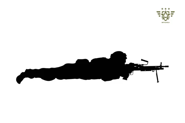Fekvő fekete sziluettje amerikai katona géppuskával. USA hadsereg. Katonai ember fegyver. Elszigetelt harcos kép — Stock Vector
