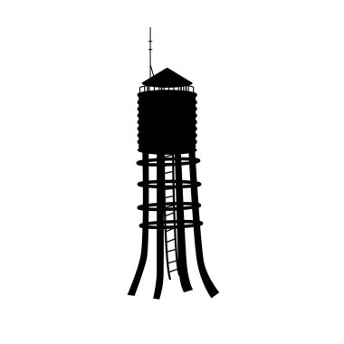 Black silhouette of water tower on white background. Industrial landscape. Old steel tank. Vector illustration clipart