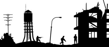 Black military silhouettes on white background. Soldiers assault house with terrorists. Scene of broken city. War panorama