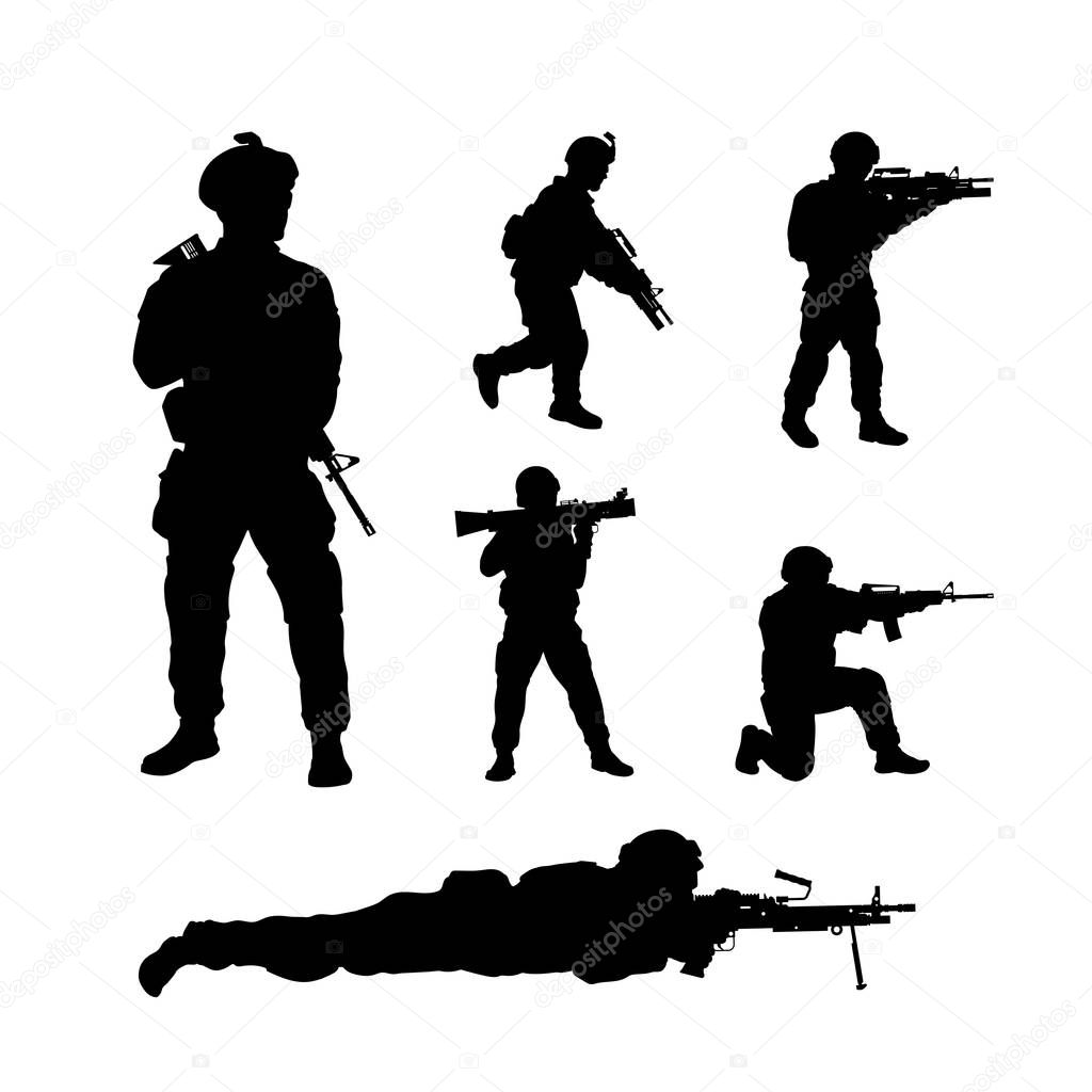 Black silhouettes of american soldiers. USA army. Military men icons with weapon. Isolated warrior image