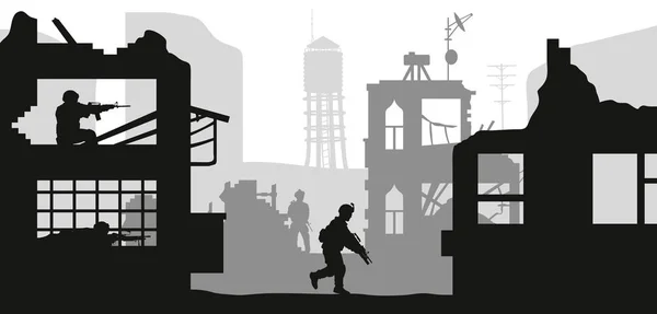 Silhuetas militares pretas em fundo branco. Soldados atacam casa com terroristas. Cena de combate em cidade destruída. Panorama da guerra —  Vetores de Stock