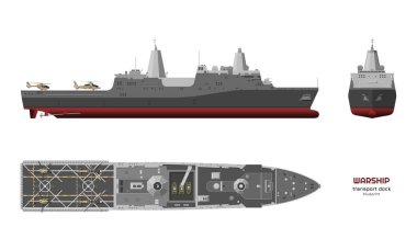 Askeri gemi detaylı görüntü. En iyi, ön ve yan görünümü. Savaş gemisi 3d modeli. Endüstriyel çizim Uss teknenin izole. Gerçekçi tarzda savaş gemisi. Vektör çizim