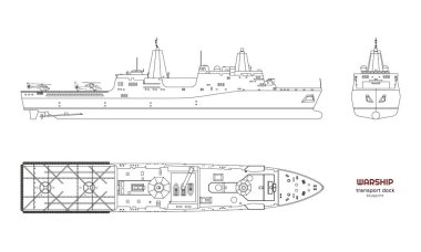 Askeri gemi anahat görüntüsü. En iyi, ön ve yan görünümü. Savaş gemisi 3d modeli. Teknesi olan çizim izole sanayi. Savaş gemisi Uss