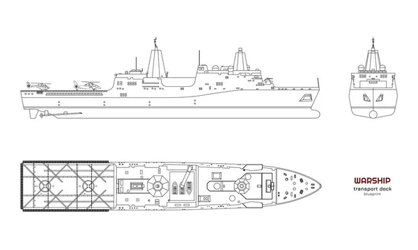 Afbeelding van de omtrek van militaire schip. Bovenkant, voorzijde en de zijkant bekijken. Slagschip 3D-model. Industriële geïsoleerd tekening van boot. Oorlogsschip Uss — Stockvector