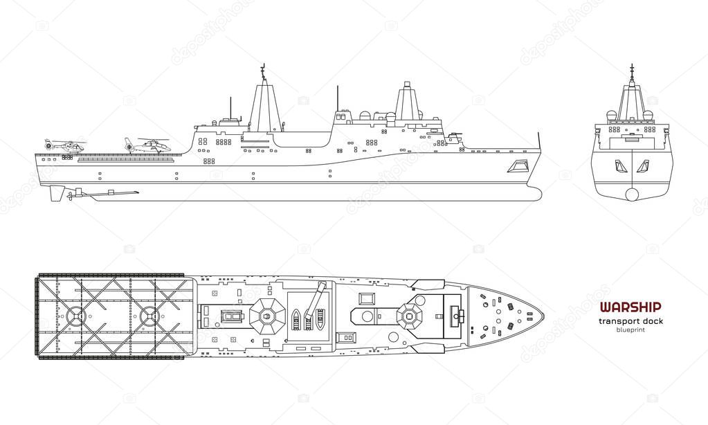 Outline image of military ship. Top, front and side view. Battleship 3d model. Industrial isolated drawing of boat. Warship USS