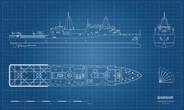 Askeri gemi planı anahat. En iyi, ön ve yan görünümü. Savaş modeli. Teknesi olan çizim izole sanayi. Savaş gemisi Uss