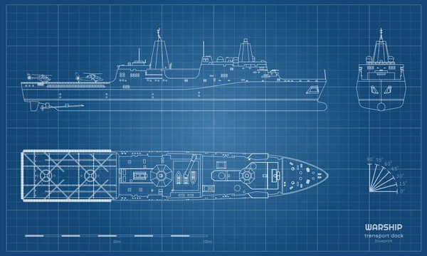 Esquema del plan de la nave militar. Vista superior, frontal y lateral. Modelo de acorazado. Dibujo aislado industrial de barco. Buque de guerra USS — Vector de stock