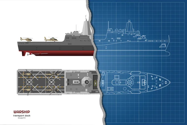 Esquema del plan de la nave militar. Vista superior, frontal y lateral. Acorazado modelo 3d. Dibujo aislado industrial de barco. Buque de guerra USS — Vector de stock