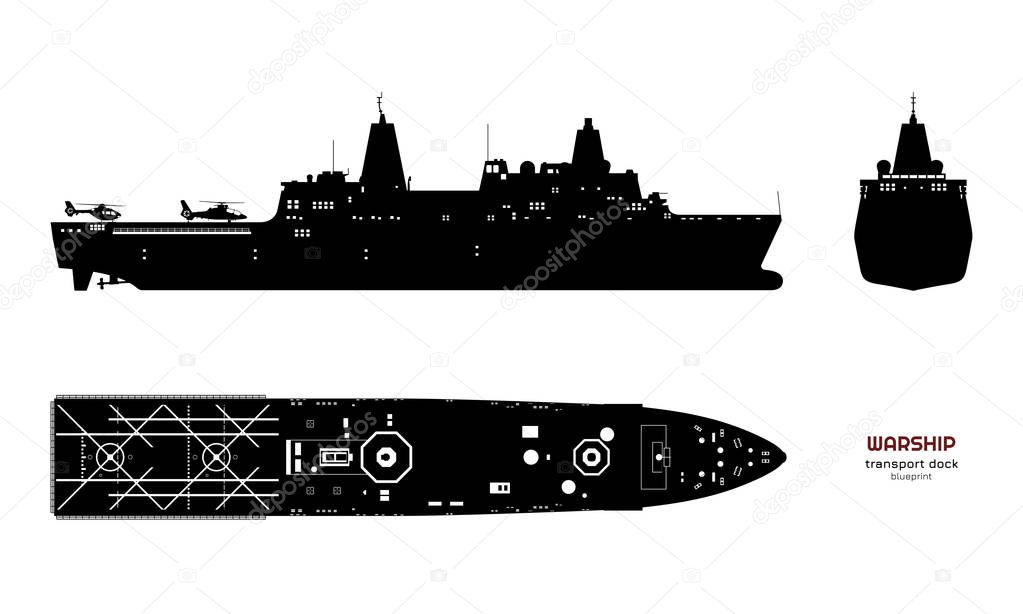 Black silhouette of military ship. Top, front and side view. Battleship model. Industrial isolated drawing of boat. Warship USS. Vector illustration