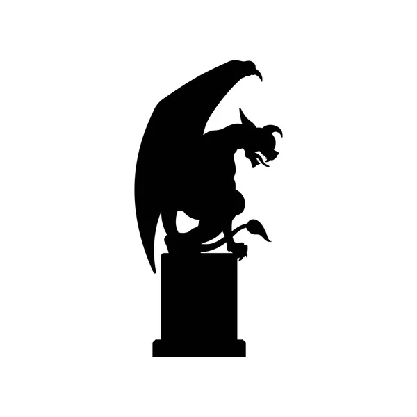 Silhouette nera della statua gotica di gargoyle. Architettura medievale. Vista laterale della scultura cattedrale in pietra. Immagine isolata su sfondo bianco — Vettoriale Stock