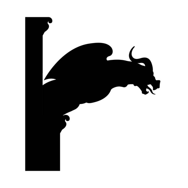 Black silhouette of gothic statue of gargoyle on wall. Medieval architecture. Side view of stone cathedral sculpture. Isolated image on white background