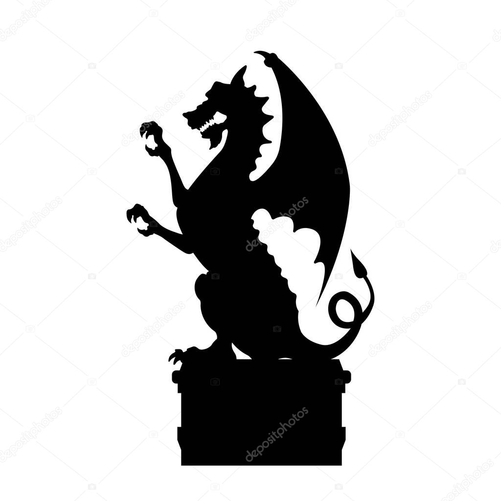 Black silhouette of gothic statue of dragon. Medieval architecture. Side view of stone cathedral sculpture. Isolated image on white background.