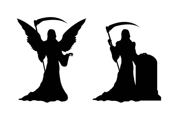 Черный силуэт смерти с косой. Статуя тёмного ангела на готическом кладбище. Символ Хэллоуина. Изолированное изображение жнеца ада. Надгробие католического кладбища — стоковый вектор