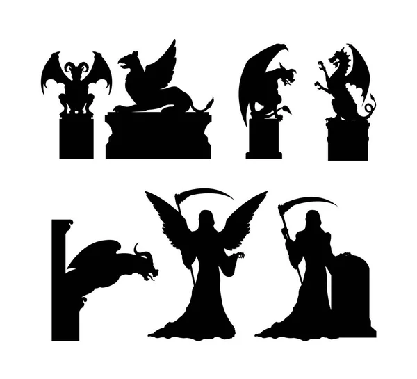 Black silhouettes of gothic statues. Medieval architecture. Stone cathedral sculpture. Cemetery memorial. Halloween symbol. Tombstone of catholic graveyard — Stock Vector