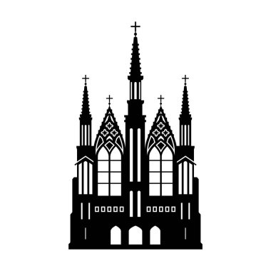 Siyah Gotik Kilisesi silüeti. İzole çizim katedral inşa. Fantezi mimarisi. Avrupa Ortaçağ dönüm noktası. Tasarım öğesi