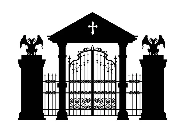 Black silhouette of gothic cemetery gate. Isolated drawing of cathedral build. Fantasy architecture. European medieval landmark. Design element