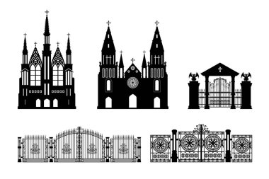 Siyah siluetler Gotik Kilisesi, mezar odası ve kapı. İzole çizim katedral inşa. Fantezi mimarisi. Avrupa Ortaçağ dönüm noktası. Tasarım öğesi
