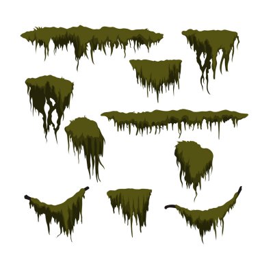 Beyaz zemin üzerine yeşil bataklık moss. Orman Çim karikatür tarzı. İzole tasarım öğesi. Oyun sprite. Marsh bitkiler