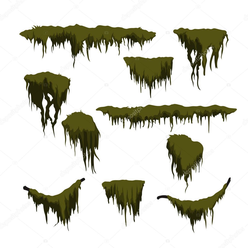 Green swamp moss on white background. Forest grass in cartoon style. Isolated design element. Game sprite. Marsh plants