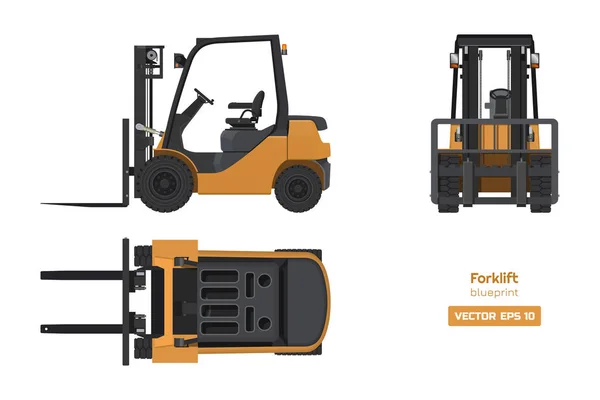 Carretilla elevadora de estilo realista. Vista superior, lateral y frontal. Maquinaria hidráulica 3d imagen. Dibujo aislado industrial de cargador naranja. Proyecto de vehículo diesel — Vector de stock