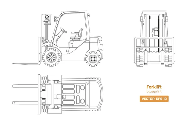 Schéma directeur du chariot élévateur. Haut, côté et vue de face. Image de machines hydrauliques. Chargeuse industrielle isolée. Dessin du véhicule diesel — Image vectorielle