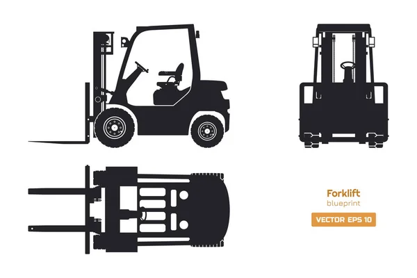 Silueta negra de carretilla elevadora. Vista superior, lateral y frontal. Proyecto de maquinaria hidráulica. Cargador industrial aislado. Dibujo del vehículo diesel — Vector de stock