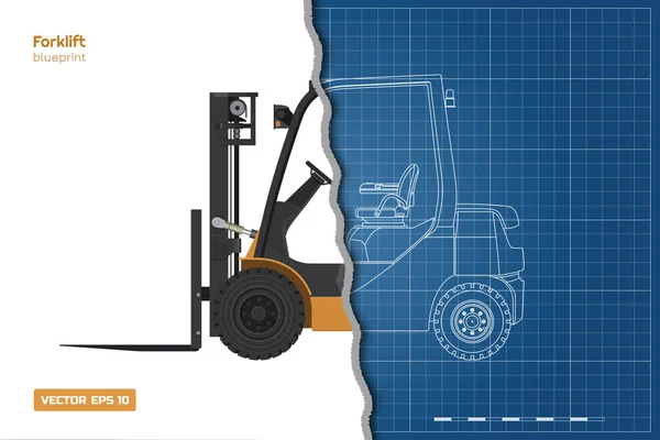 Plán, osnovy vysokozdvižného vozíku. Horní, boční a čelní pohled. Hydraulické stroje 3d obraz. Průmyslové dokument s nakladačem. Dieselové vozidlo kresba — Stockový vektor