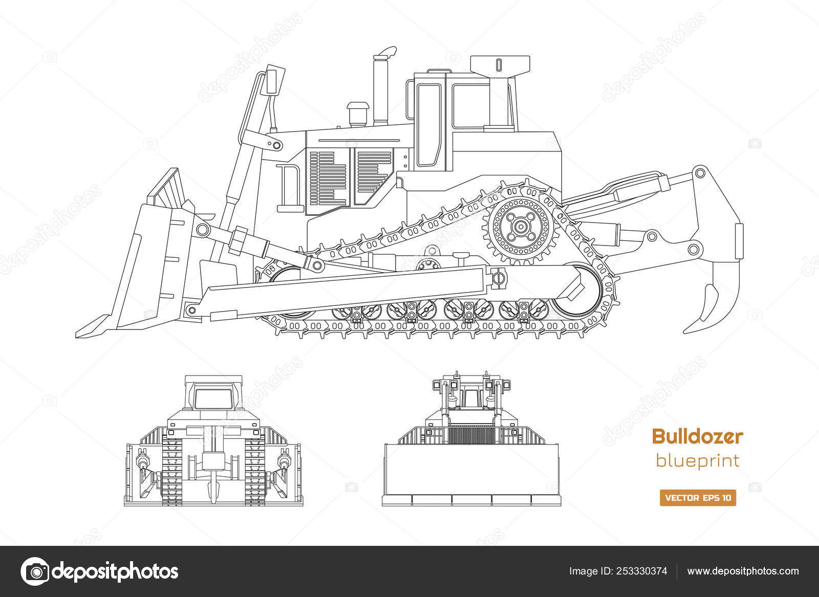 Bulldozer In Outline Style Front Side And Back View Of Digger Building Machinery Image 