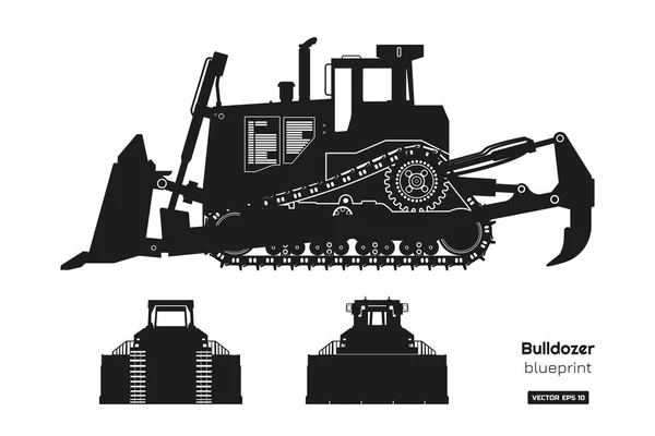 Černá silueta buldozer. Přední, boční a zadní pohled bagr. Stavební stroje obrázek. Průmyslové, samostatný výkres dozer. Dieselové vozidlo blueprint — Stockový vektor