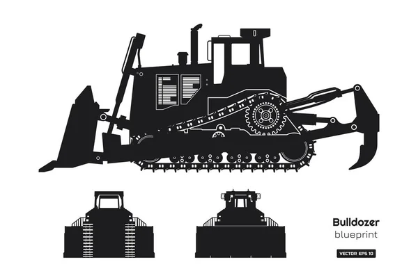 Silueta negra de bulldozer. Vista frontal, lateral y trasera de la excavadora. Imagen de maquinaria de construcción. Dibujo aislado industrial de la topadora. Proyecto de vehículo diesel — Vector de stock