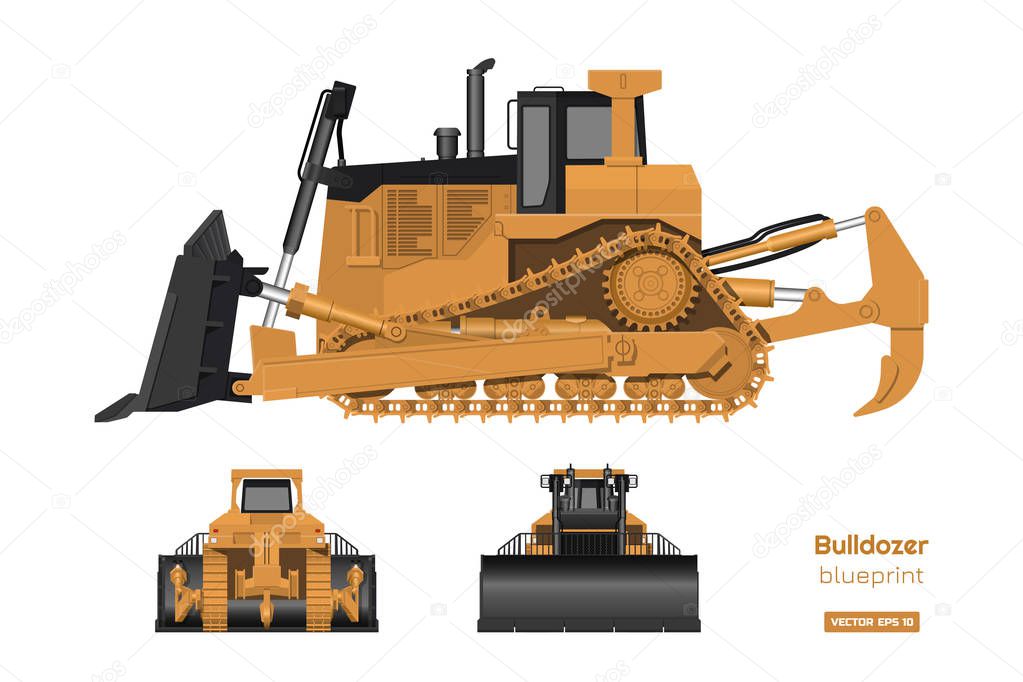 Bulldozer en estilo realista. Vista frontal, lateral y trasera de la