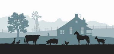 Çiftlik hayvanlarının siluetleri. Sığır, at ve domuz ile kırsal manzara. Poster için köy Panoraması. Çiftçi ev ve Hayvancılık
