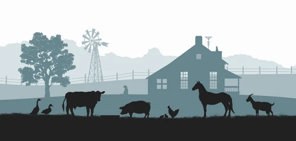 Silhouette di animali da fattoria. Paesaggio rurale con mucca, cavallo e maiale. Panorama del villaggio per poster. Aziende agricole e bestiame — Vettoriale Stock