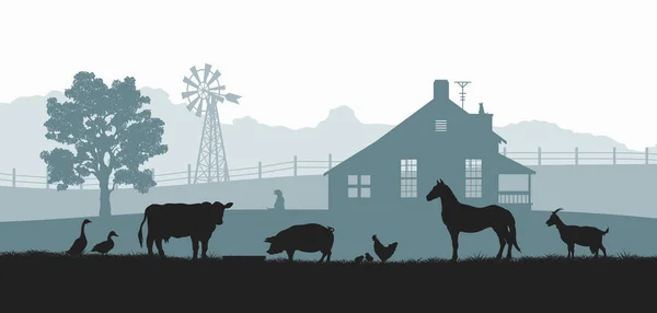 Siluet hewan ternak. Lanskap pedesaan dengan sapi, kuda dan babi. Panorama desa untuk poster. Rumah petani dan ternak Stok Vektor