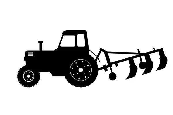 Svart silhuett av traktor med plog. Gårds maskin. Sidovy. Isolerad industriell ritning. — Stock vektor