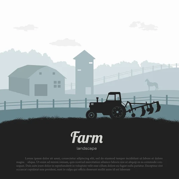 Silhouettes of farm landscape. Rural panorama of runch with tractor. Village scenery for poster. Farmer house and horse. — Stock Vector