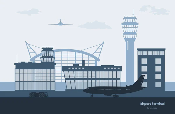 Paisaje del aeropuerto. Silueta terminal de transporte. Avión sobre fondo del aeródromo. Escena de aviación — Vector de stock